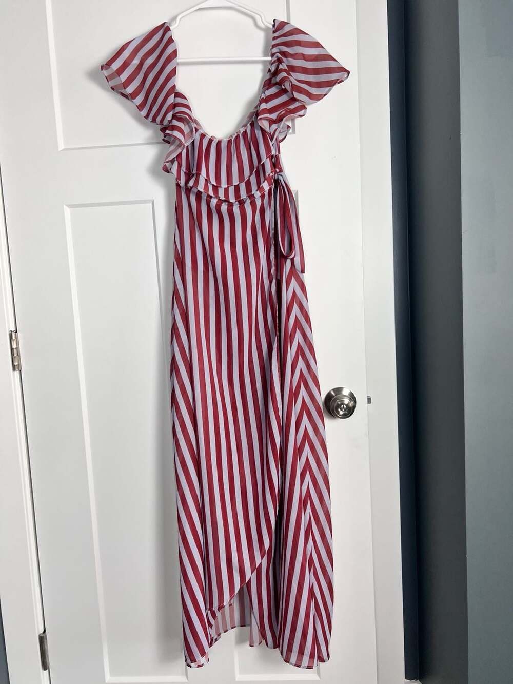 Striped Belted Layer Ruffle Off The Shoulder Dress